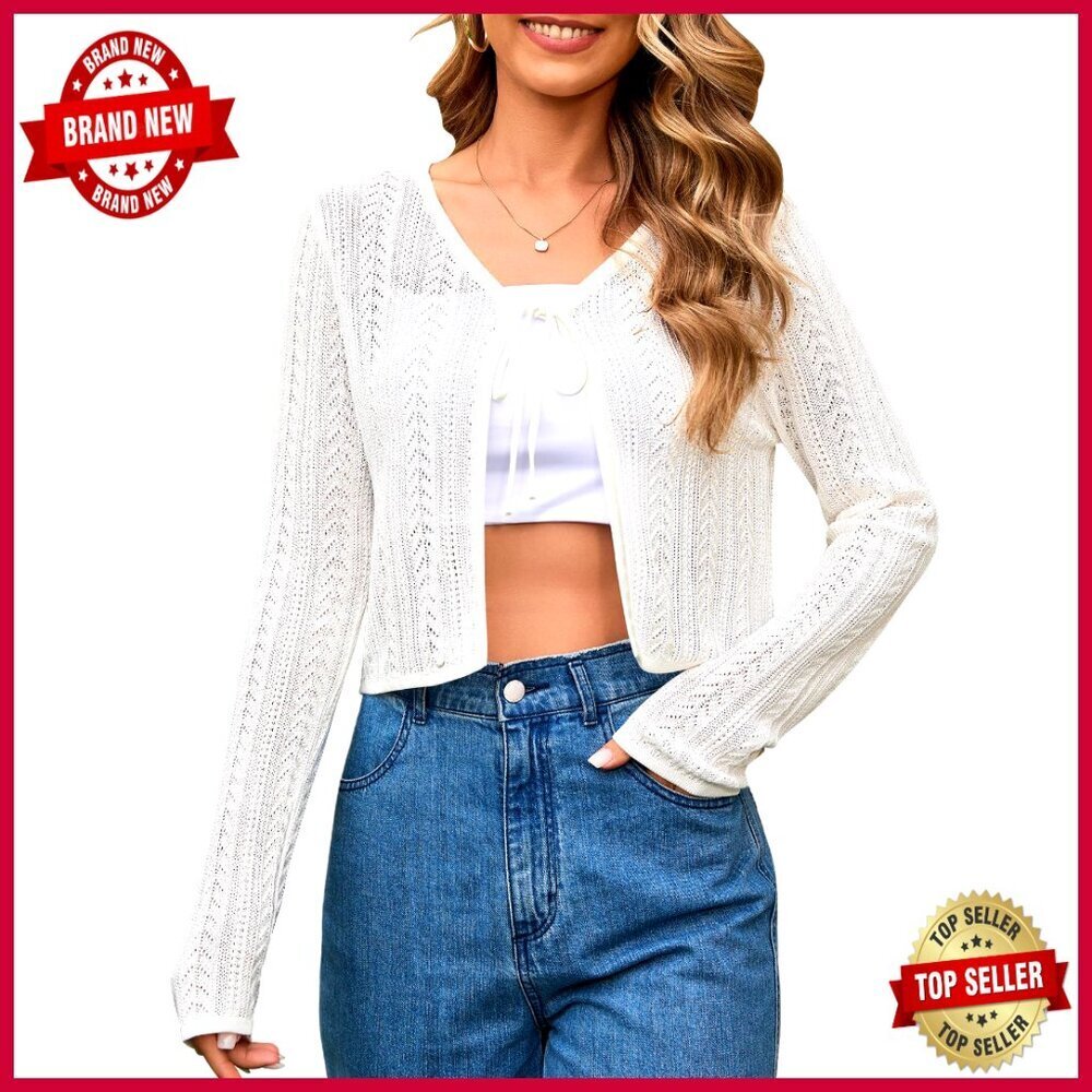 Long Sleeve Tie Front Crochet Cardigan Sweater Viscose Cropped Shrug